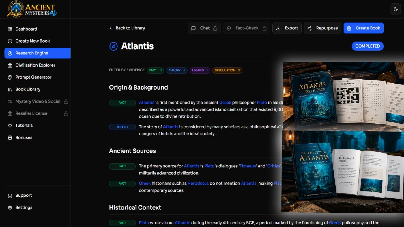 Ancient Mysteries AI research profile for Atlantis with fact, theory and legend labels