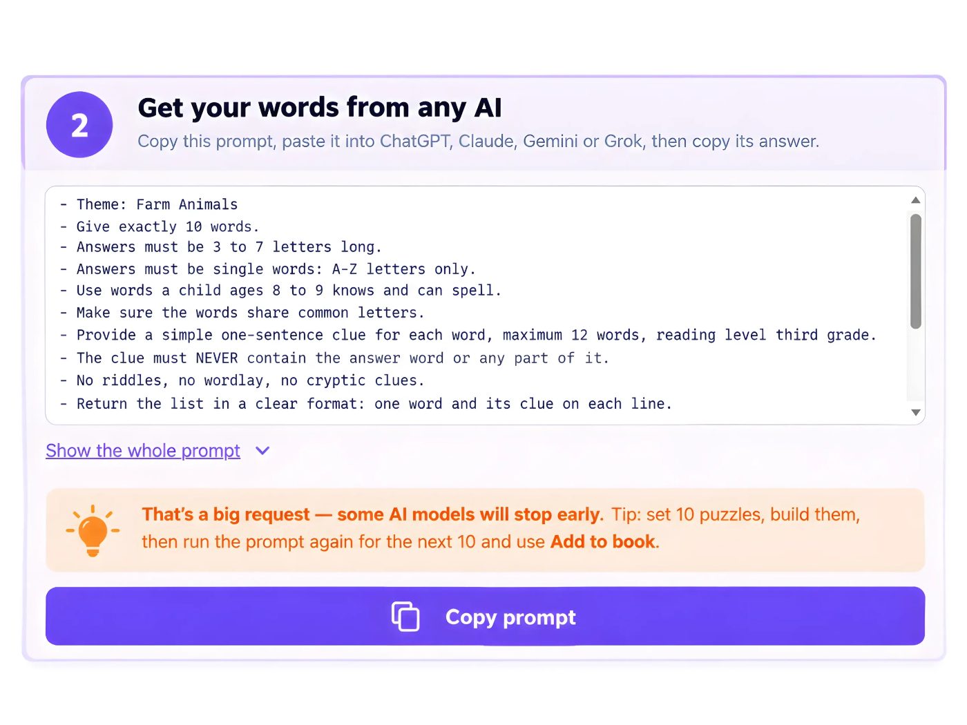 Crossword Puzzle Creator step 2: copy the prompt into your AI chat