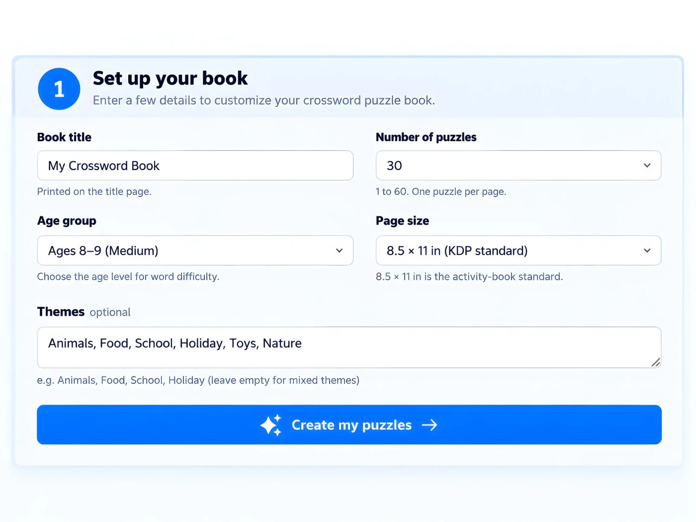 Crossword Puzzle Creator step 1: set up your book