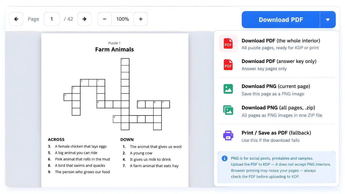 Crossword Puzzle Creator export screen with PDF and PNG downloads