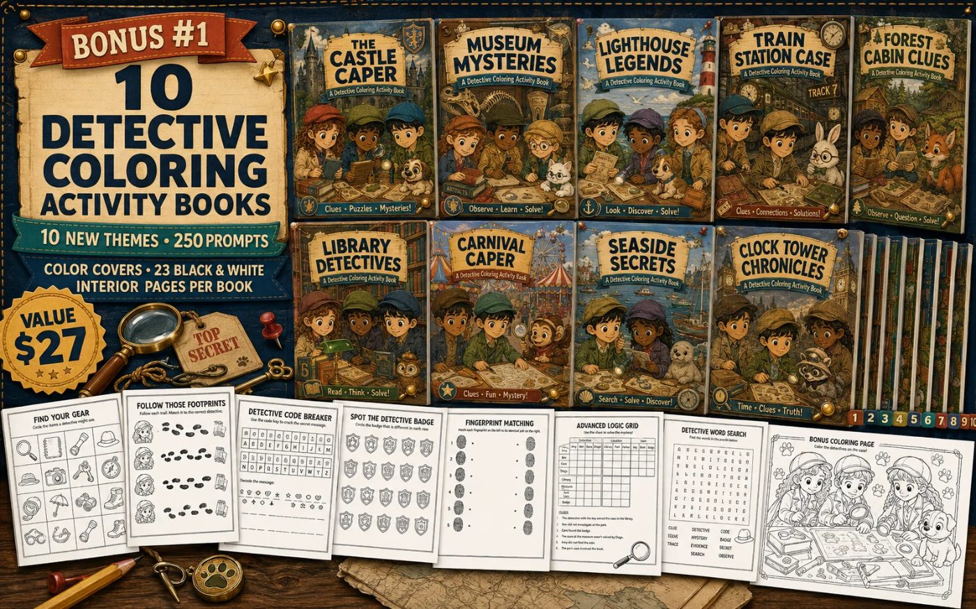 Detective Activity Book Forge bonus: 10 detective coloring activity books