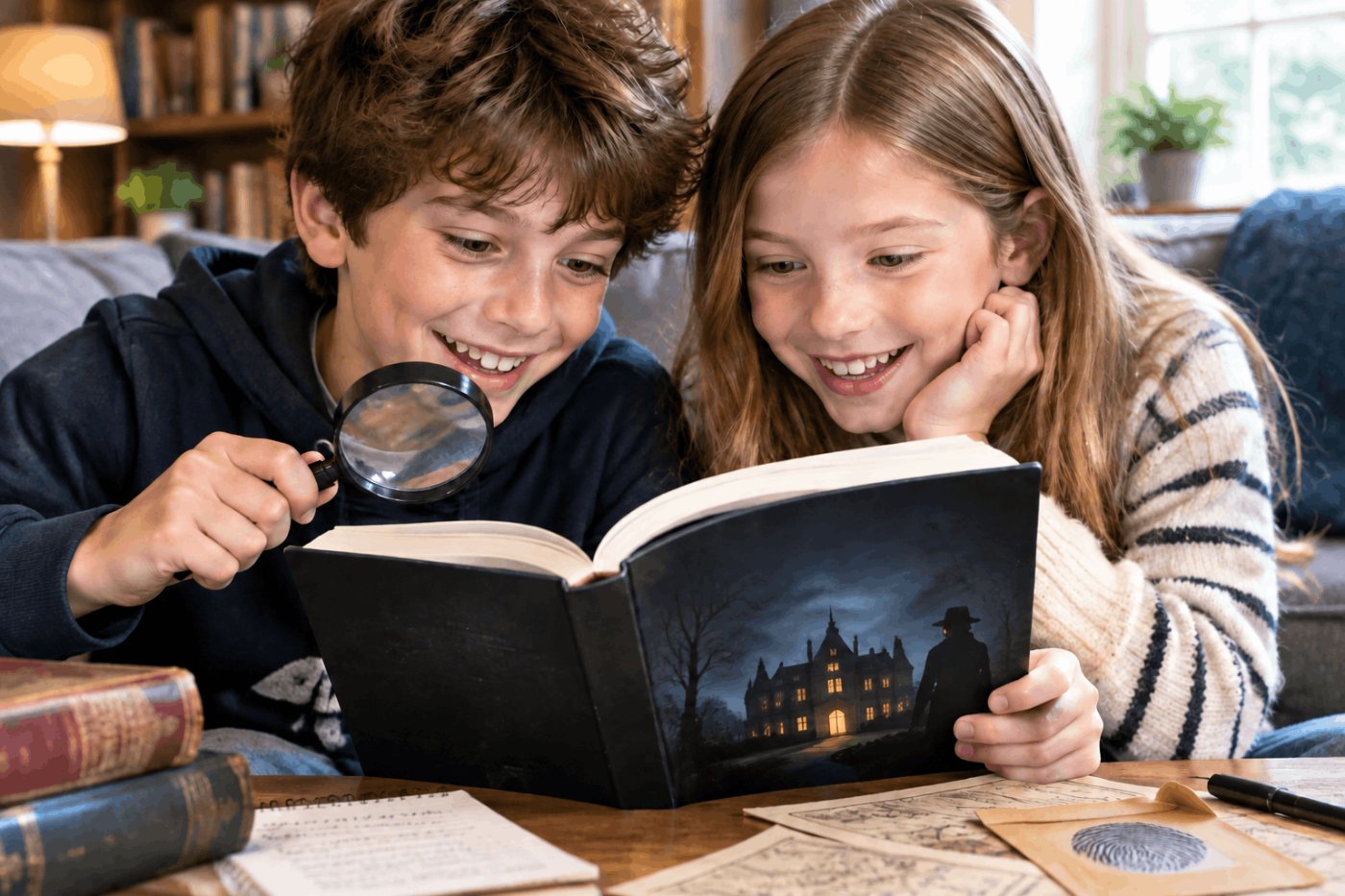 Kids reading an interactive mystery gamebook