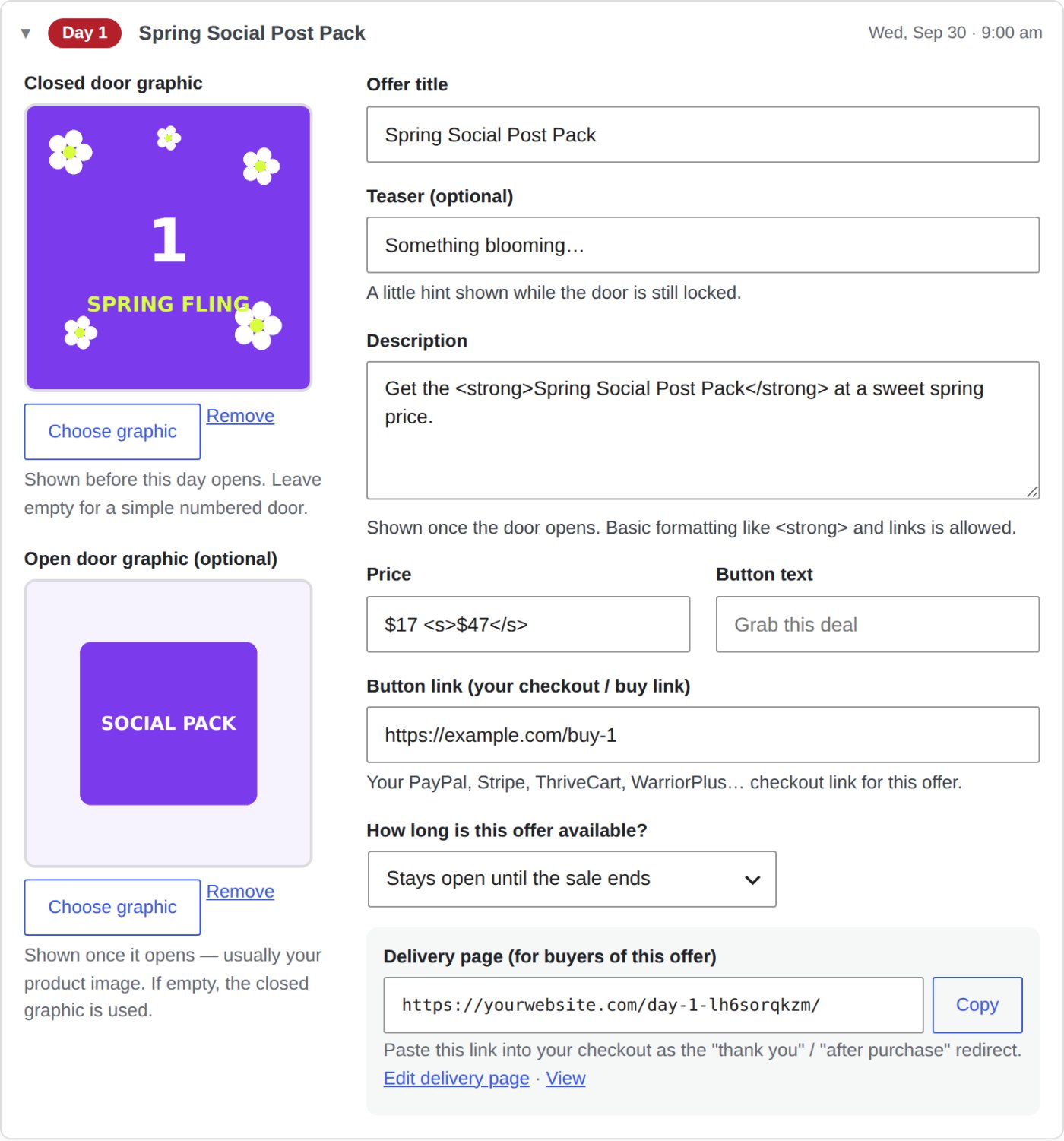 Not-Just-For-Advent Calendar door setup form in WordPress