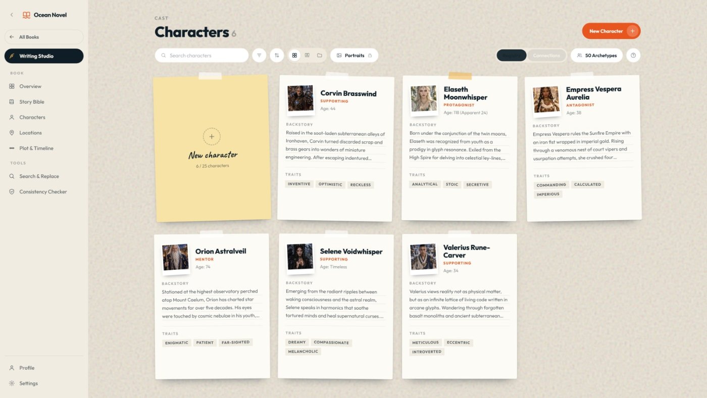 Ocean Novel character board with portraits, goals and flaws