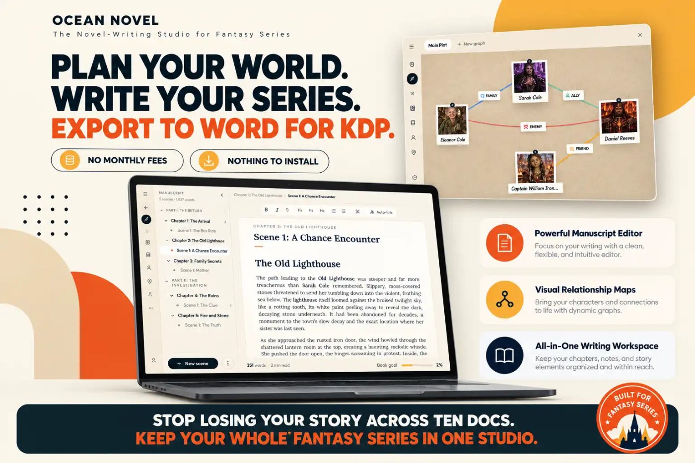 Ocean Novel review: plan your world, write your fantasy series and export to Word