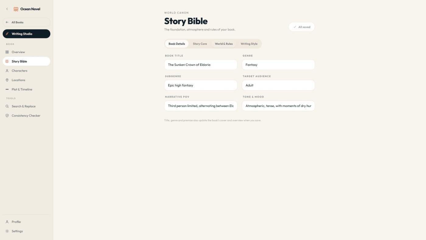 Ocean Novel Story Bible with genre, POV, tone and world rules