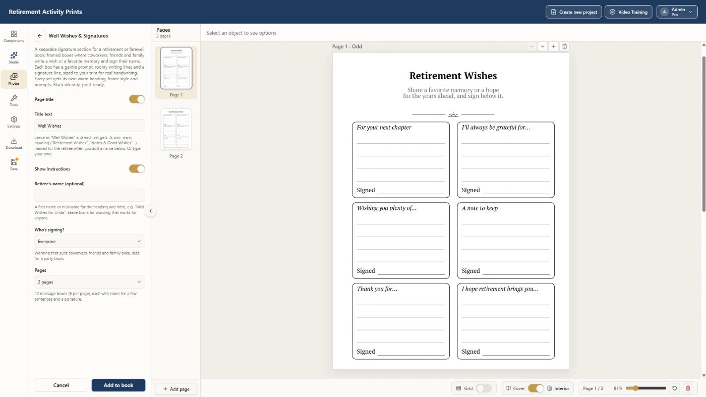 Retirement Activity Prints Canva-style editor with page list