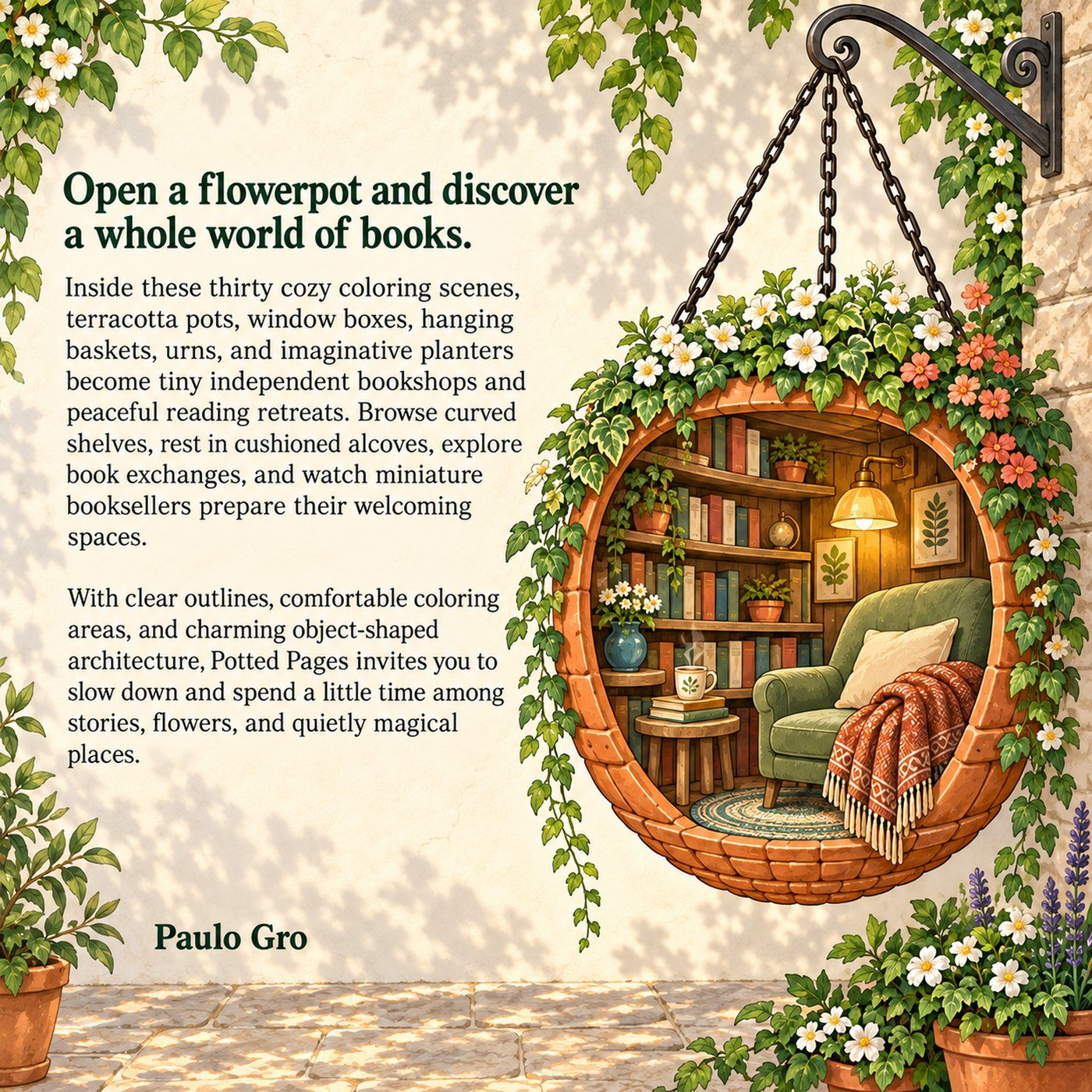 Tiny Worlds coloring book back cover with blurb painted in