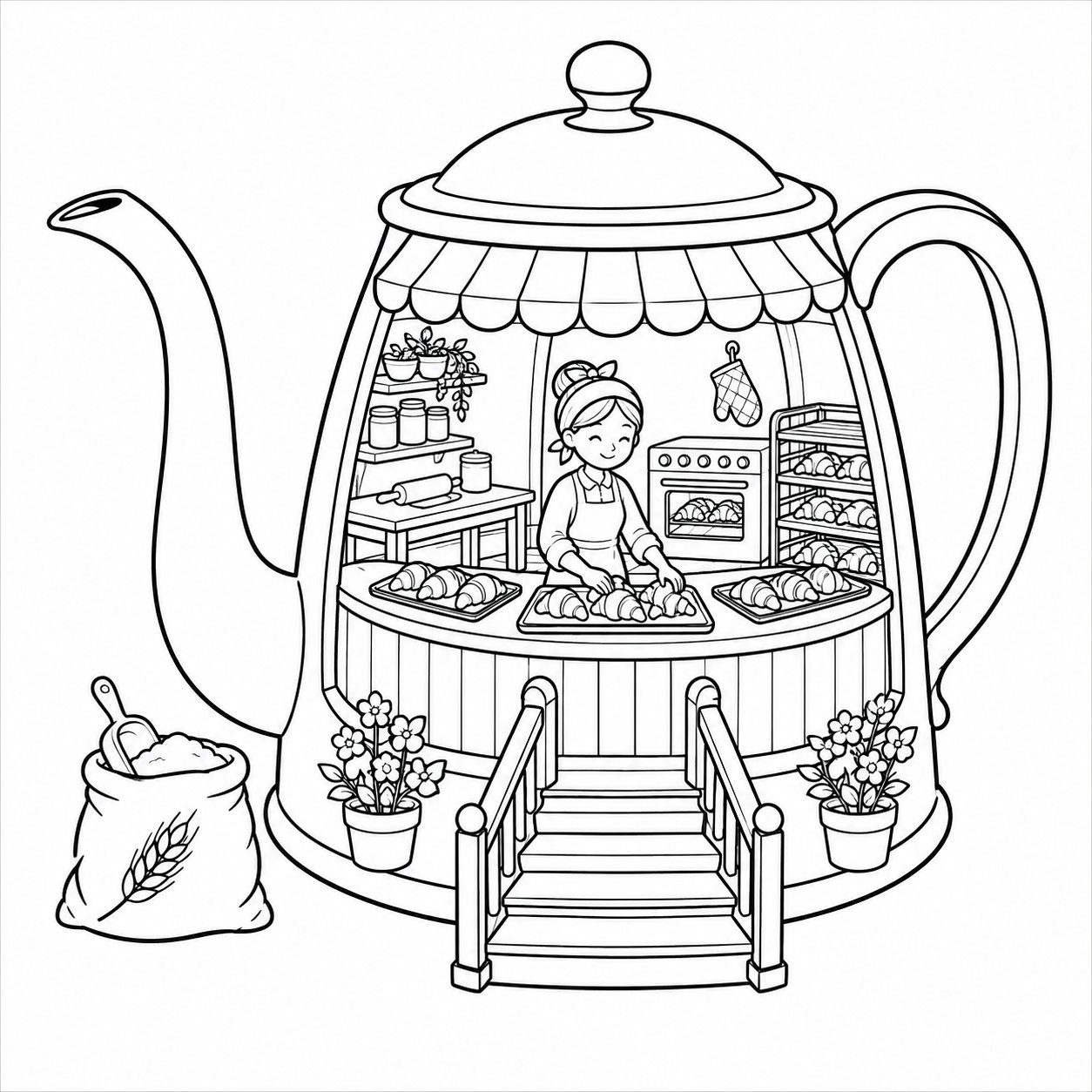 Tiny Worlds coloring page: bakery inside a pot