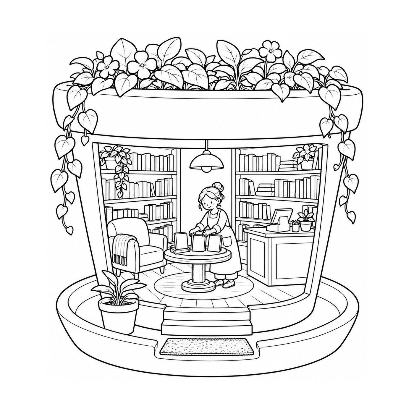 Tiny Worlds coloring page: bookshop inside a terracotta flowerpot