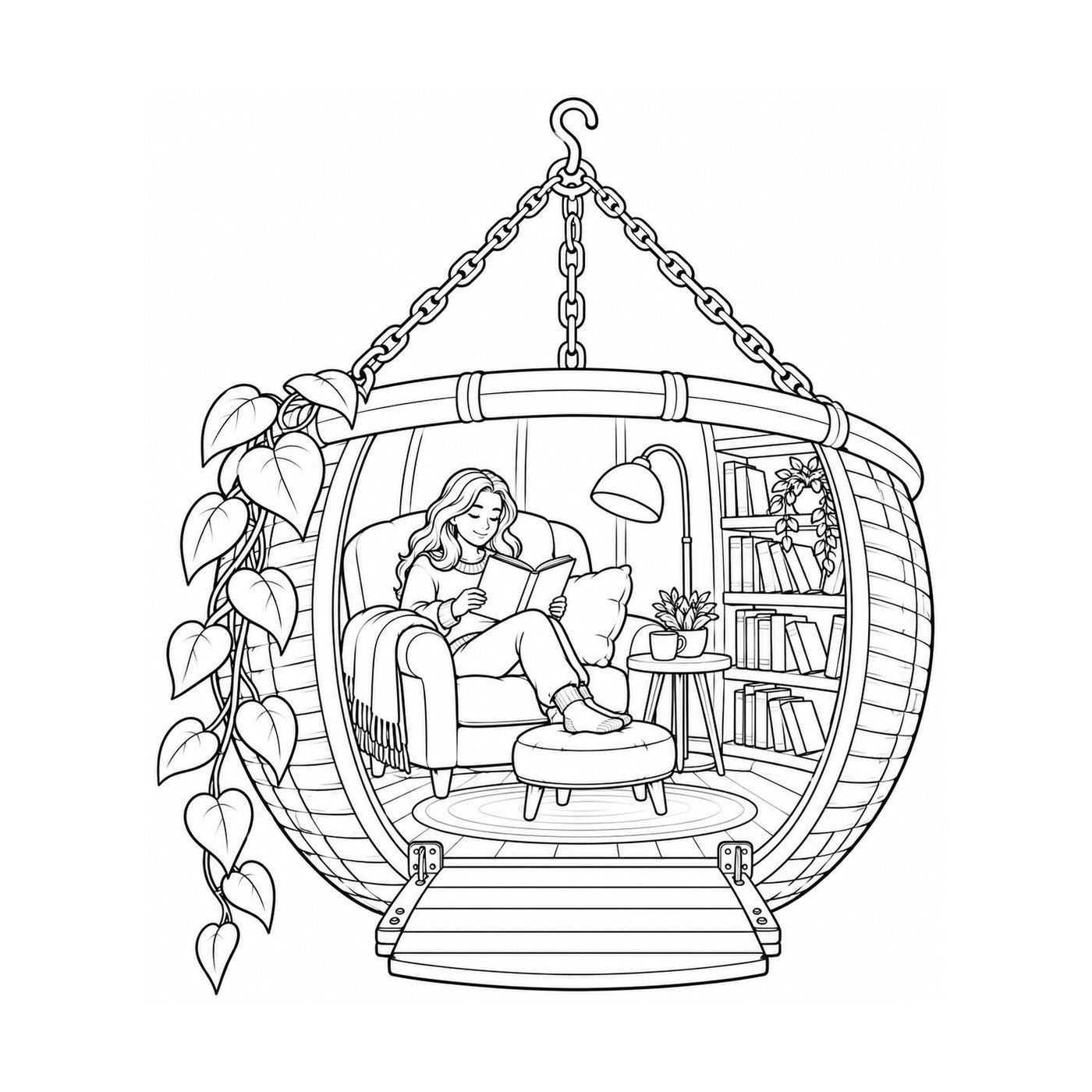 Tiny Worlds coloring page: reading nook inside a hanging basket