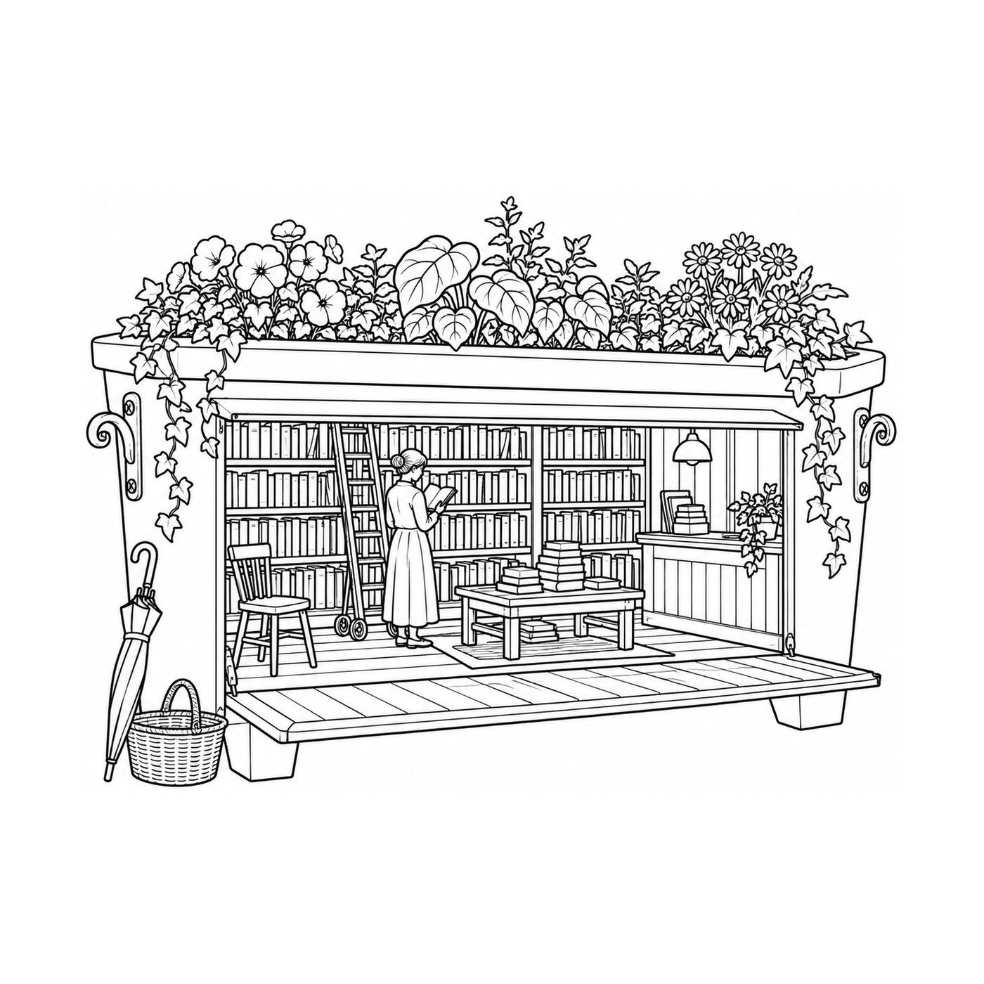 Tiny Worlds coloring page: used bookstore inside a window box