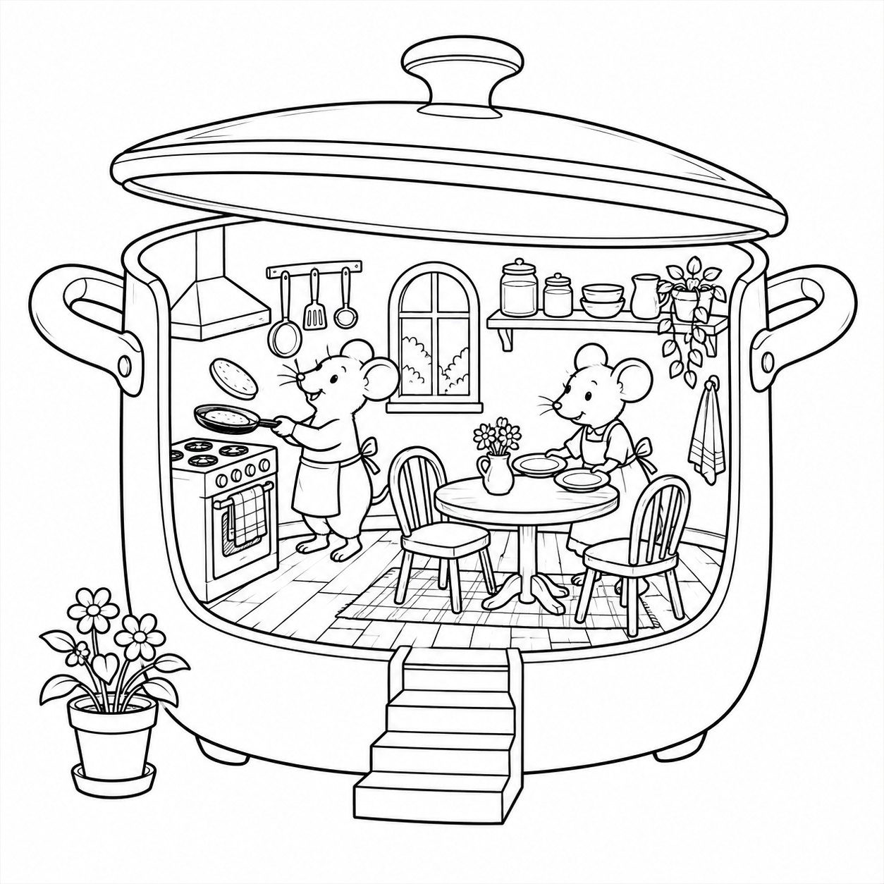 Tiny Worlds coloring page: pancake kitchen inside cookware